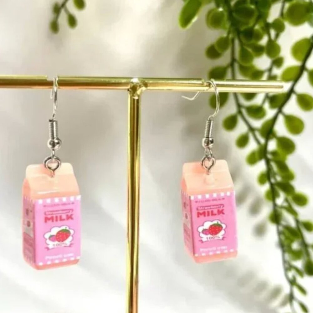 ⭐️❤️ FREE Milk Drink Chic Glam Drop Fruit Graphic Strawberry Art Artsy Earrings